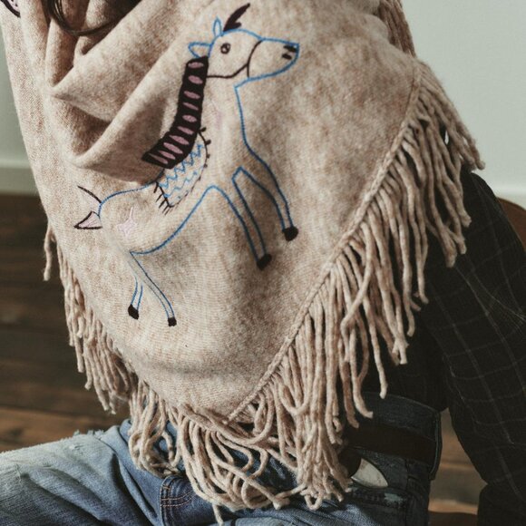 Zara Accessories - ZARA EMBROIDERED FRINGED CAPE SHAWL